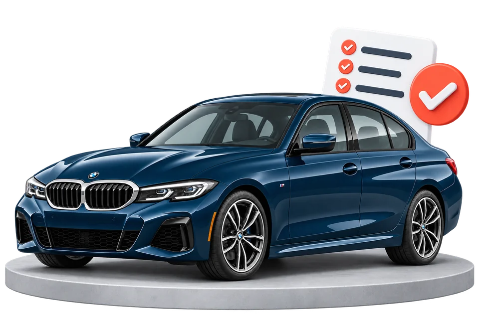Zils BMW uz platformas blakus pārbaudes sarakstam